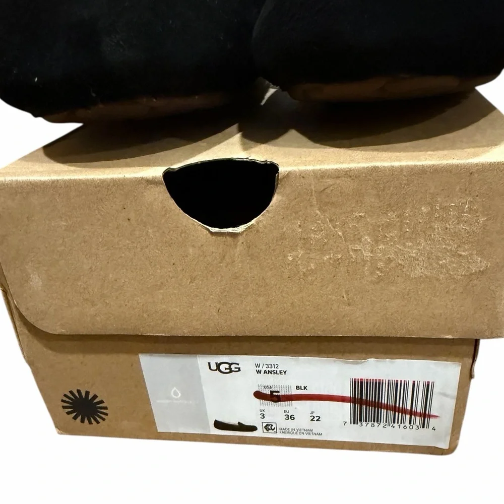 New UGG Ansley Black Suede Shearling‎ Moccasin Slippers Women’s 5 w/ Box